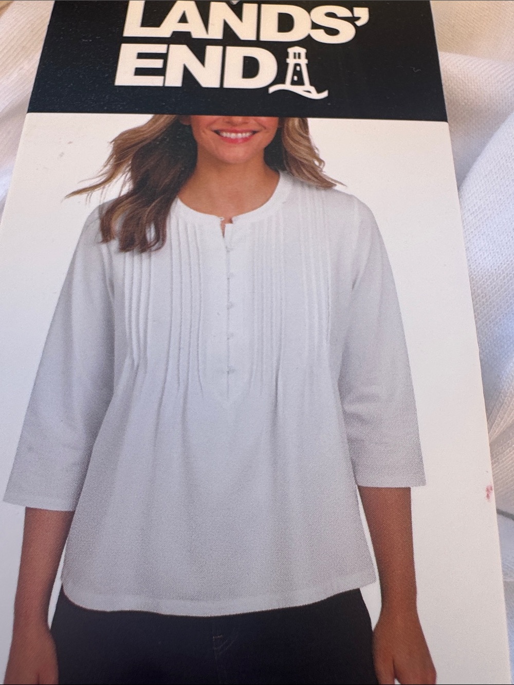 Lands' End White Pintuck Henley Blouse